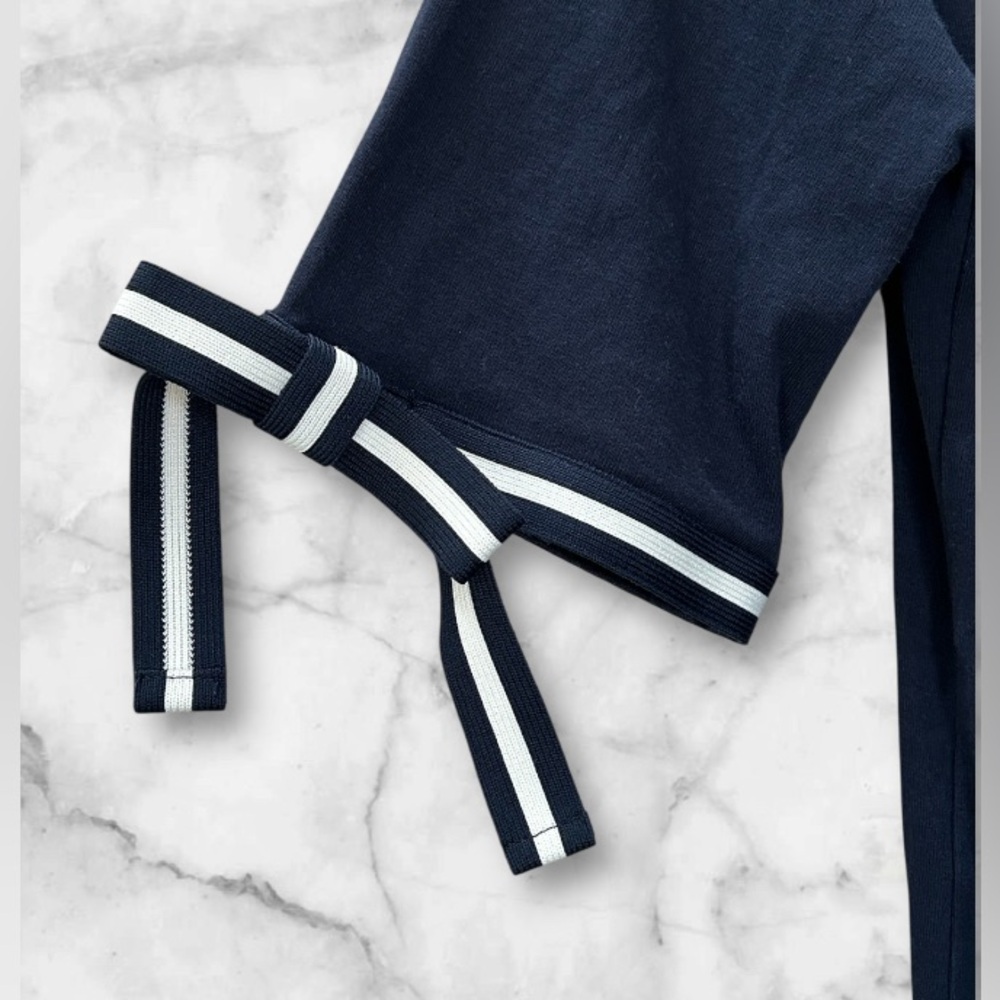 Lauren Ralph Lauren Navy Blue Top White Ribbon Tie Accents Short Sleeve Size L - Picture 5 of 14